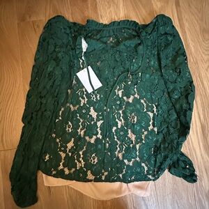 Wayf Emma Puff Sleeve Lace Top Green Long Sleeve Blouse with Tie Front